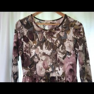 Mauve floral dress, asymmetrical hem, 3/4 sleeve